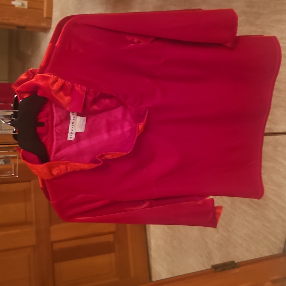 Gretchen Scott Red Crimson Ruffle Neck 3/4 Sleeves Top - Silky Velvet Size XL